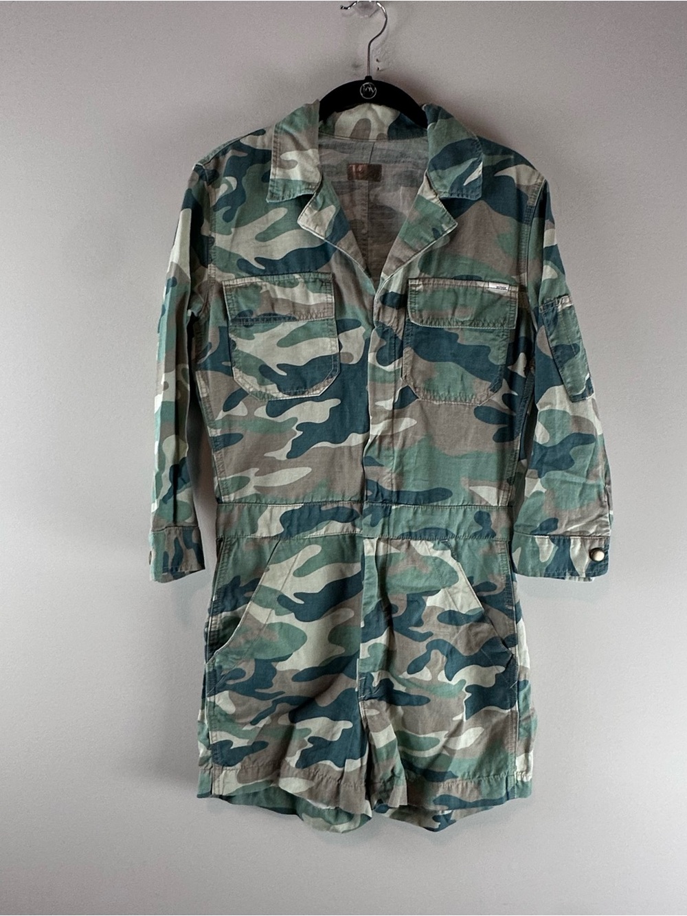 MOTHER The Fixie Short Romper Linen Blend Green Camo Romper Women Size S